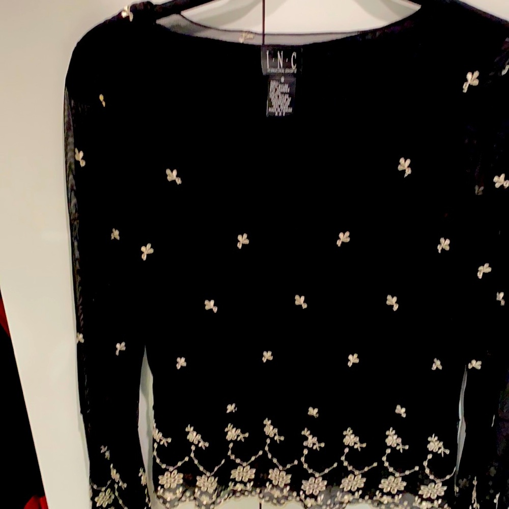 INC blouse size small, nylon & sheer sleeve